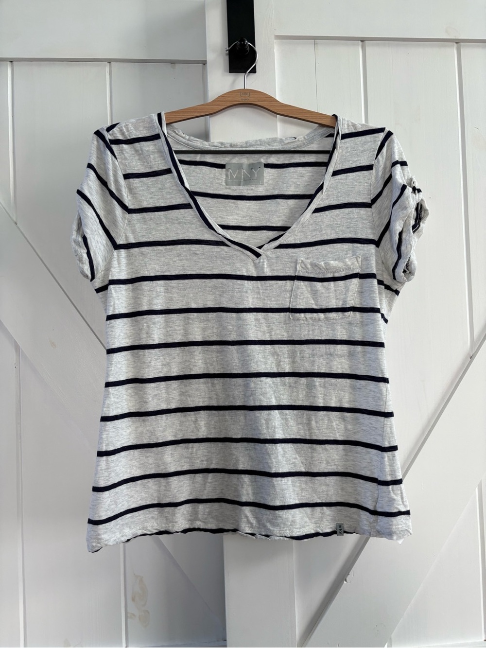 Marc New York Andrew Marc Striped Black & Gray V-Neck 100% Cotton Pocket Tee